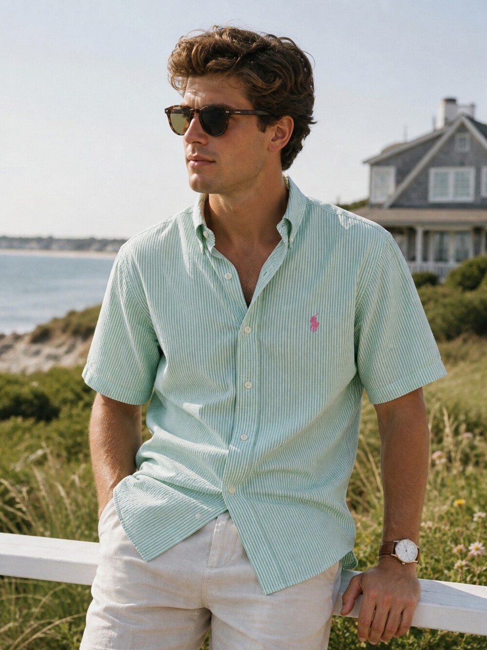 Ralph Lauren Mens XL Green Striped Seersucker Shirt Short Sleeve Preppy Coastal